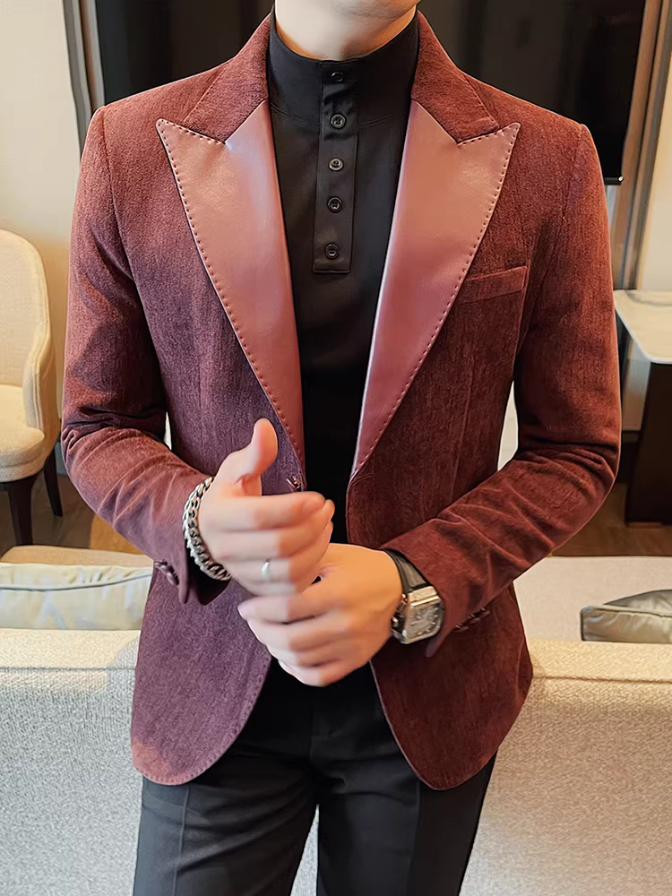 Áo blazer nam phối da, kiểu mới thu đông 2024, phong cách công sở lịch lãm, đa năng, dáng ôm, chất liệu cao cấp