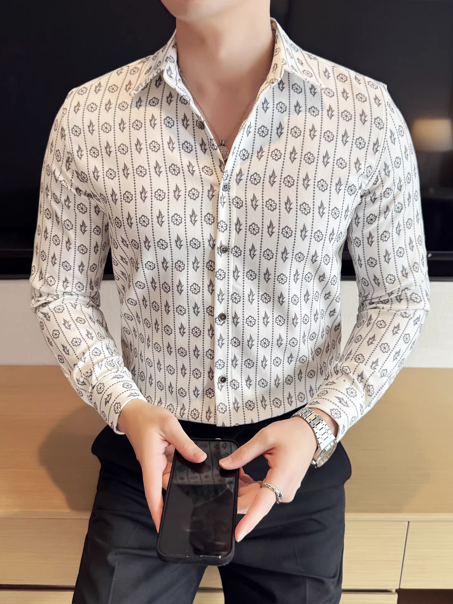 Áo sơ mi nam da lộn dày in họa tiết thu đông, dài tay, thời trang, ôm dáng, đẹp trai, chất lượng cao, dễ chăm sóc