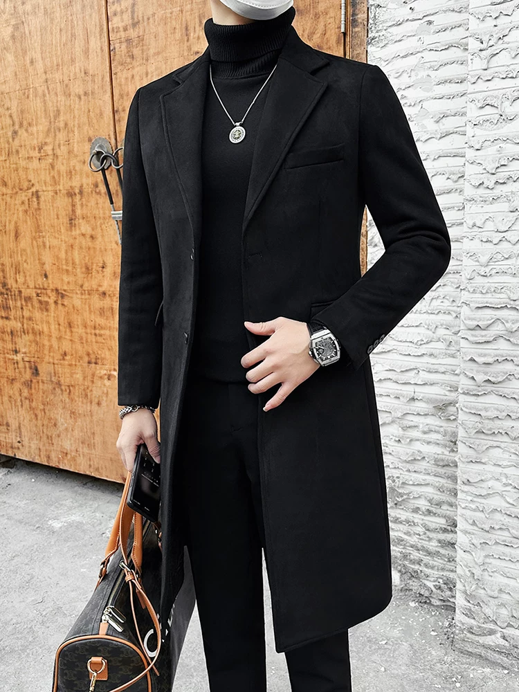 Áo khoác len da lộn cho nam, dài vừa phải, mùa đông, có đệm và dày dặn, áo khoác len cao cấp, hợp thời trang, đa năng.