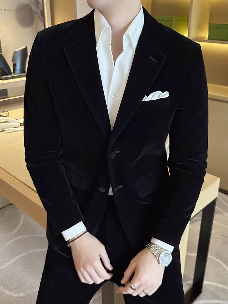 Bộ vest nhung vàng nam, thu đông, cao cấp, lịch sự, phù hợp công sở, vest chú rể, bộ hai mảnh