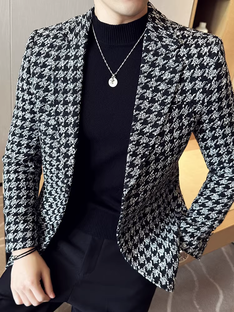 Áo blazer kẻ houndstooth cho nam, kiểu dáng dày dặn mùa thu đông, kiểu dáng ôm vừa vặn hợp thời trang, trang phục công sở thông thường, cao cấp, áo khoác vest mát mẻ
