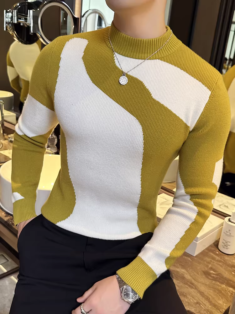 Áo len cổ lọ nửa cổ thiết kế phối màu dành cho nam, dài tay, mùa thu đông, nhẹ nhàng sang trọng, thời trang, ôm dáng, phong cách, chất liệu dệt kim co giãn.