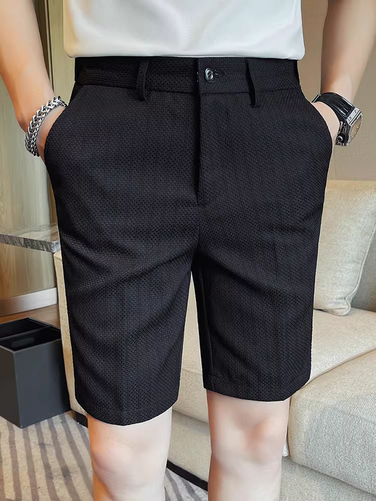 Quần short waffle lưng thun cho nam, kiểu dáng mùa hè mới, phong cách công sở cao cấp, đa năng, thời trang, chống nhăn, quần kiểu vest năm điểm.