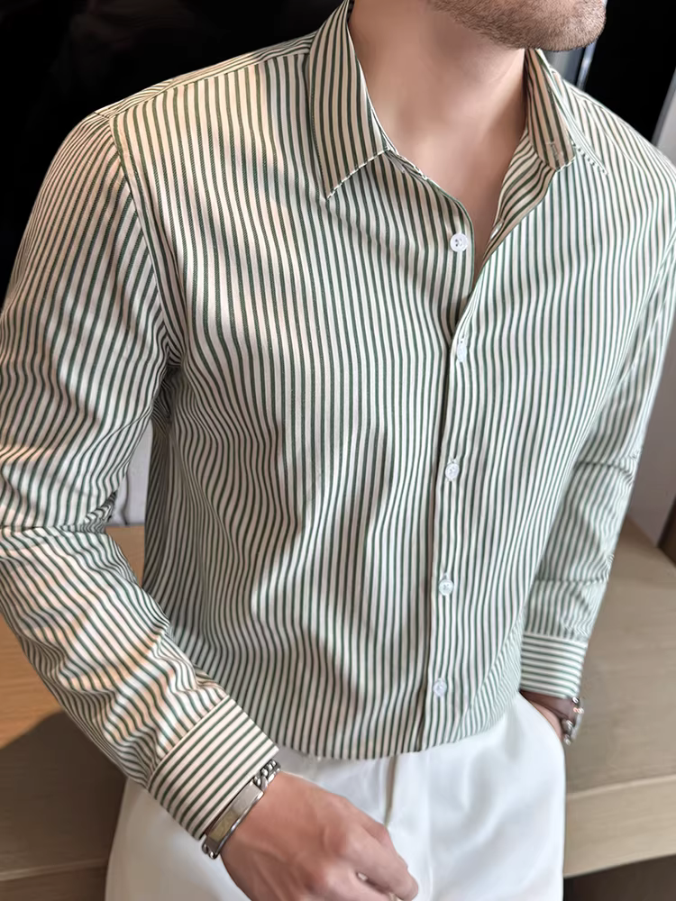 Áo sơ mi nam sọc nhuộm sợi, tay dài, kiểu mới thu đông 2025, phong cách thường ngày, đa năng, ôm dáng, lịch sự, không nhăn, dễ chăm sóc