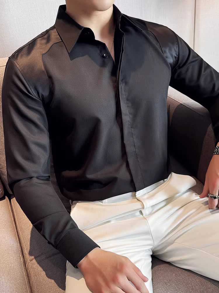 Áo sơ mi nam kiểu Anh, cổ rộng, phối nhiều chất liệu, tay dài, xu hướng thời trang cao cấp, dáng ôm, lịch lãm, áo sơ mi casual cao cấp