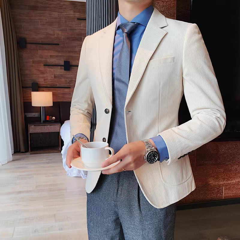 Áo blazer nam chất liệu corduroy, mùa thu đông, dày dặn, thời trang, hợp xu hướng, kiểu dáng sọc cá tính, dáng ôm, đơn hàng khuy.