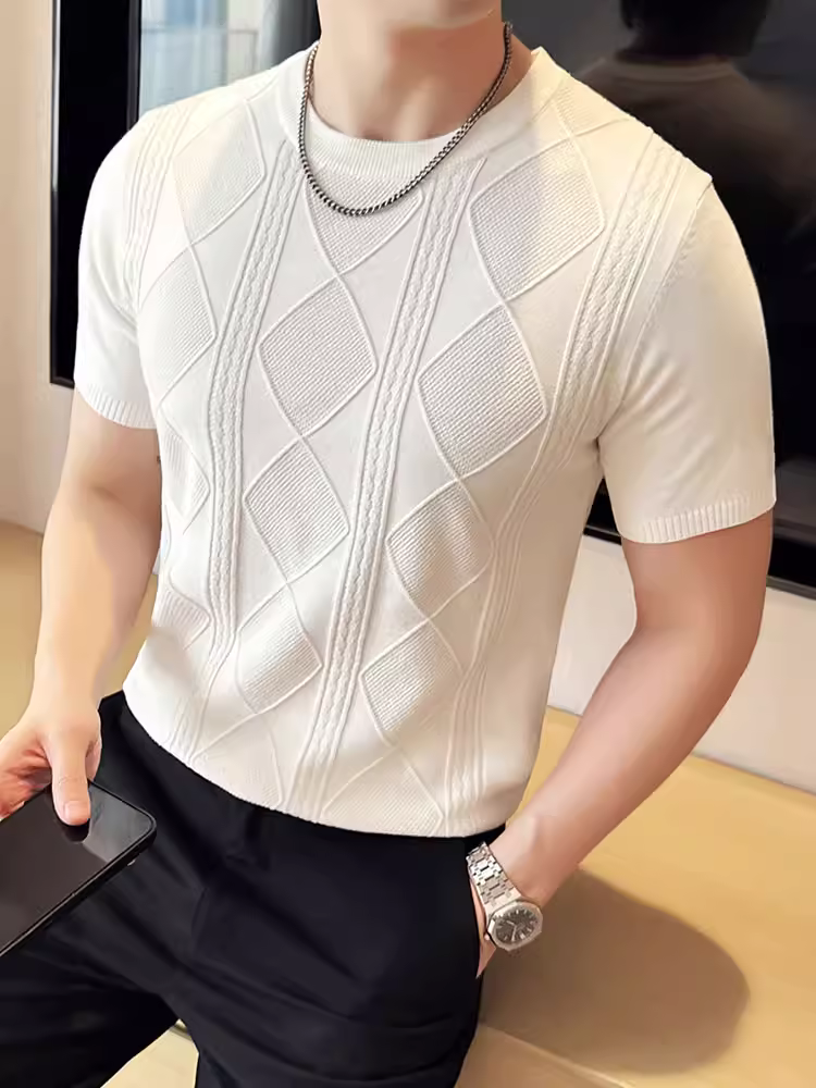 Áo thun nam ngắn tay dệt kim jacquard chất liệu lụa đá, kiểu dáng mỏng nhẹ mùa xuân hè, thời trang, hợp xu hướng, ôm dáng, đa năng, cao cấp.
