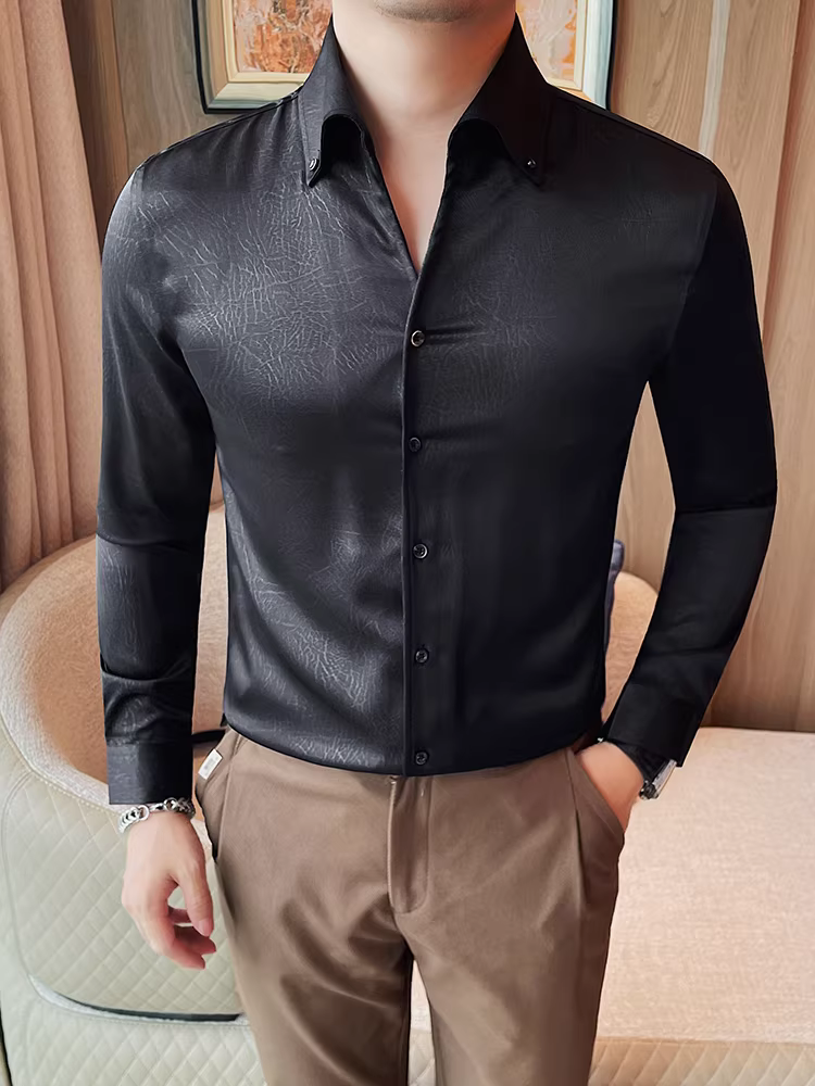 Áo sơ mi nam giả lụa bóng, dệt jacquard, tay dài, kiểu dáng thu mới, thiết kế cao cấp, kiểu dáng công sở lịch lãm ôm dáng