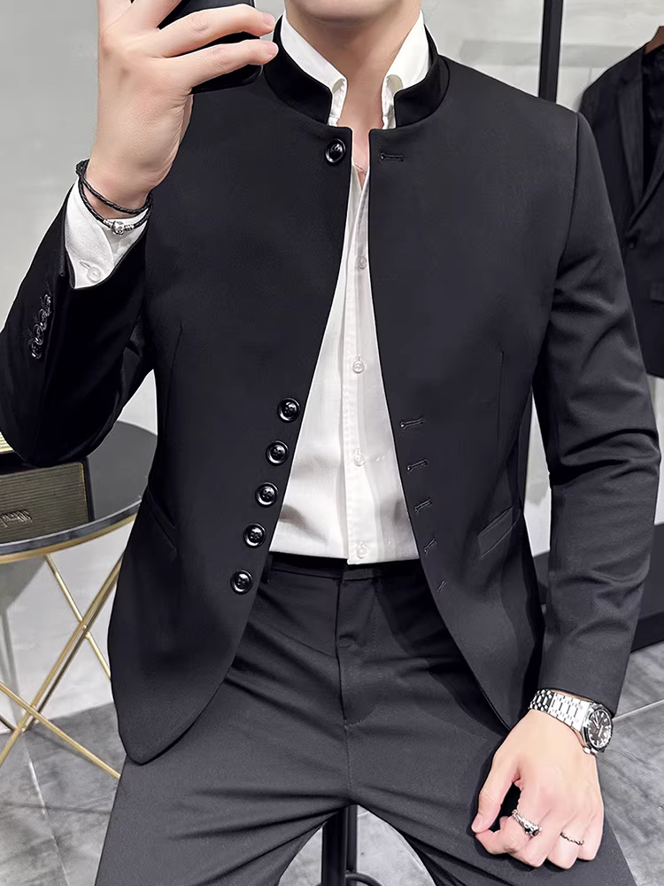 Bộ vest nam kiểu Trung Quốc, cổ đứng, đa năng cho mùa xuân và mùa thu, kiểu dáng ôm body cao cấp, phong cách công sở lịch lãm, bộ hai mảnh kiểu Trung Sơn.