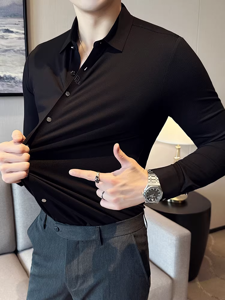 Áo sơ mi nam liền mạch, dài tay, thu đông, lót lông cừu, dày dặn, ấm áp, ôm dáng, lịch sự, thời trang, áo thêu thời trang.