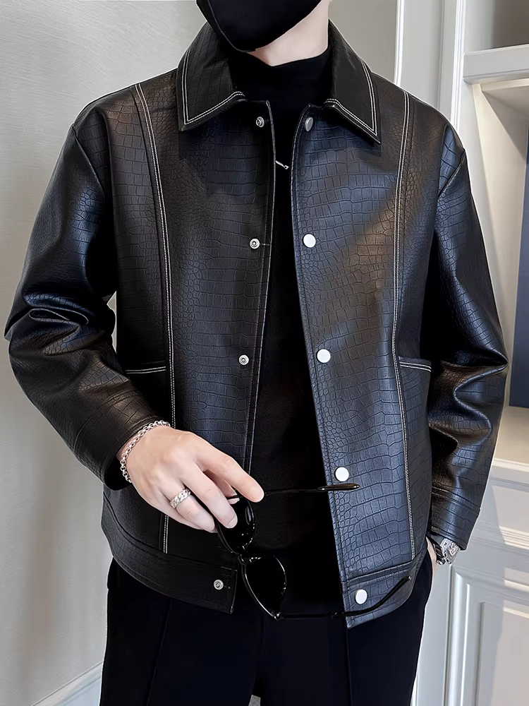 Áo khoác da nam đẹp, kiểu dáng mới thời thượng, cổ điển, ngắn, chất liệu giả da cá sấu, thích hợp cho mùa thu đông.