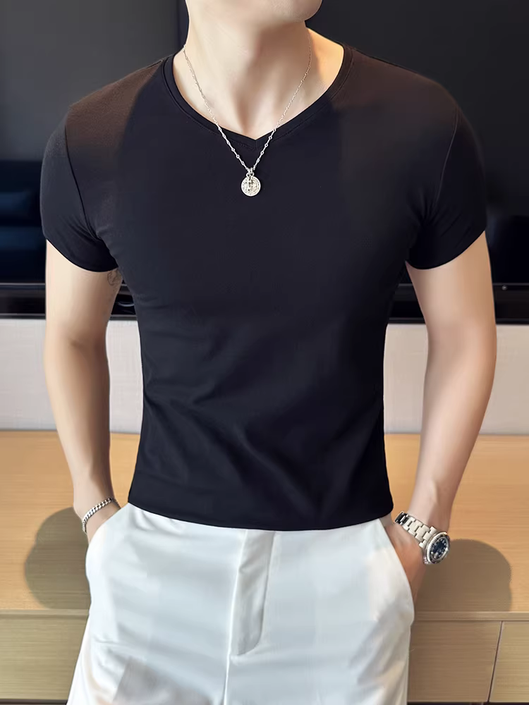 Áo thun nam mùa hè dáng ôm, co giãn, thoải mái, đa năng, cao cấp, kiểu dáng thời trang, tay ngắn, cổ chữ V, thiết kế hình trái tim gà.