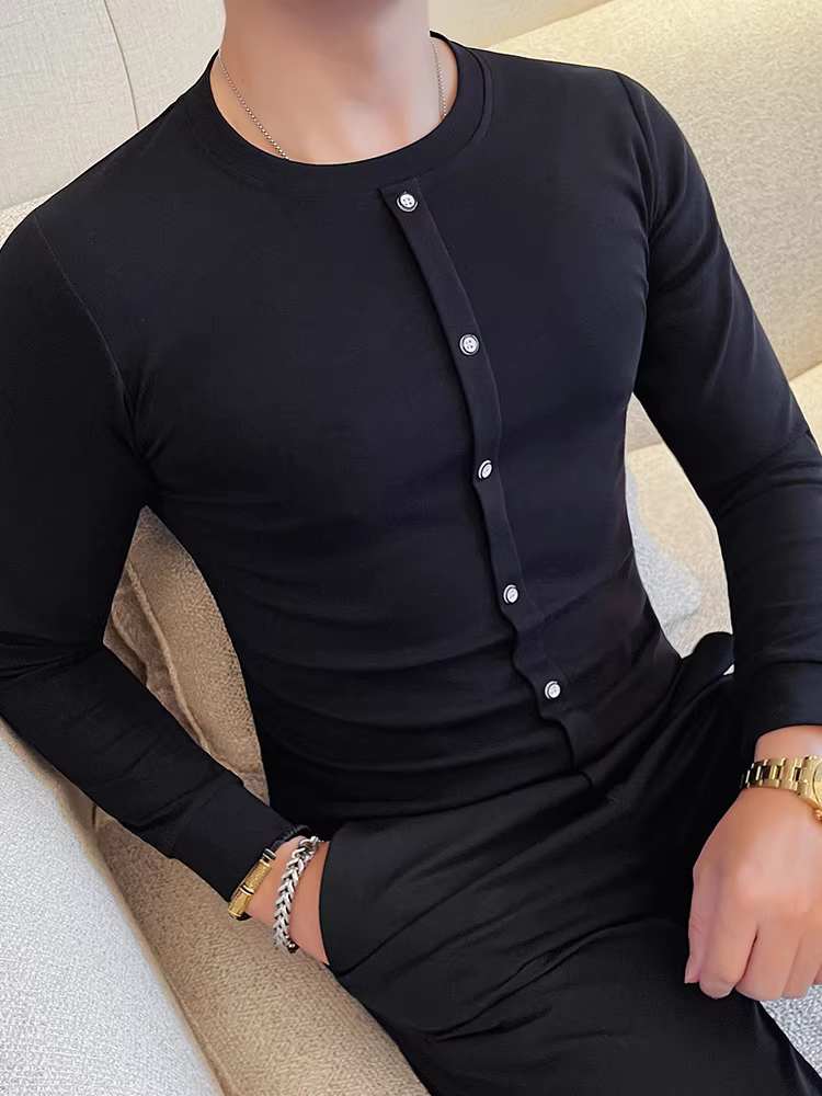 Áo thun dài tay cổ tròn thiết kế giả khuy dành cho nam, thời trang thu đông mới hợp thời trang áo sơ mi cơ bản chất lượng cao vừa vặn
