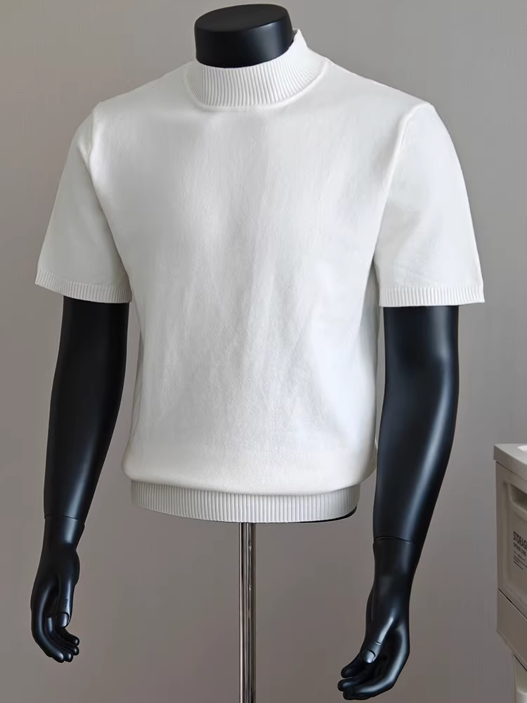 Áo len ngắn tay cổ cao nửa cổ Lyocell dành cho nam, thời trang thu đông, dáng cổ trung, đa năng, áo thun dệt kim chất lượng cao