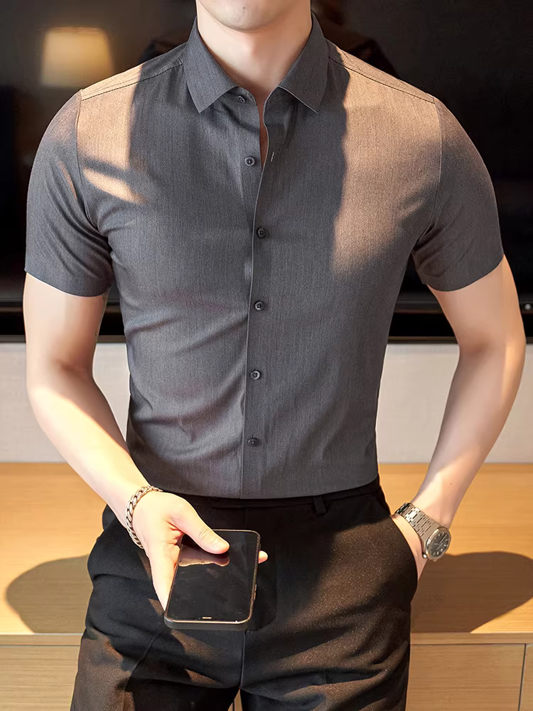 Áo sơ mi nam tay ngắn chất liệu lụa đá, kiểu dáng mỏng nhẹ, lịch sự, công sở, thường ngày, thoáng khí, ôm dáng, phong cách Anh quốc, lịch lãm