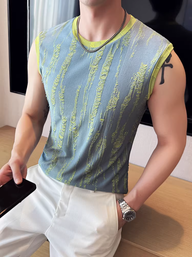 Áo gile nam không tay cổ tròn thiết kế rách cá tính, thời trang hè 2025 đa năng