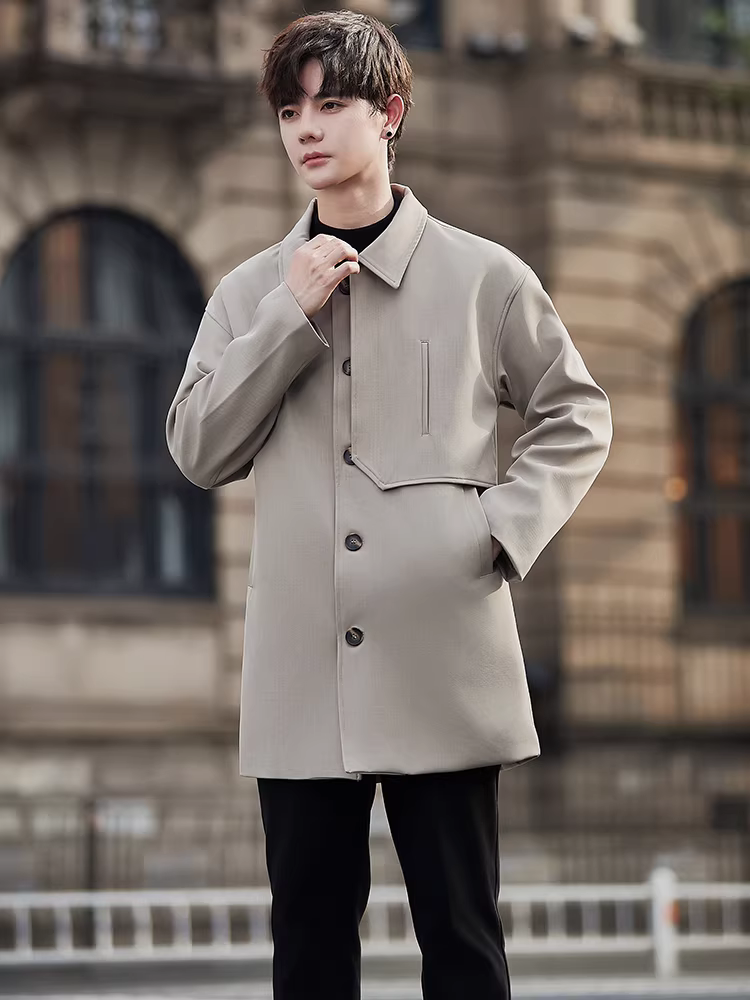 Áo khoác dài trung bình dành cho nam, xu hướng thời trang xuân thu, áo khoác có cổ màu trơn đa năng, dáng rộng, cao cấp