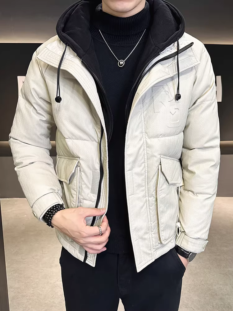 Áo khoác da PU có mũ trùm đầu giả hai mảnh dành cho nam, áo khoác mùa đông, thương hiệu mới hợp thời trang, phong cách Hàn Quốc cao cấp, dáng đẹp và thời trang.