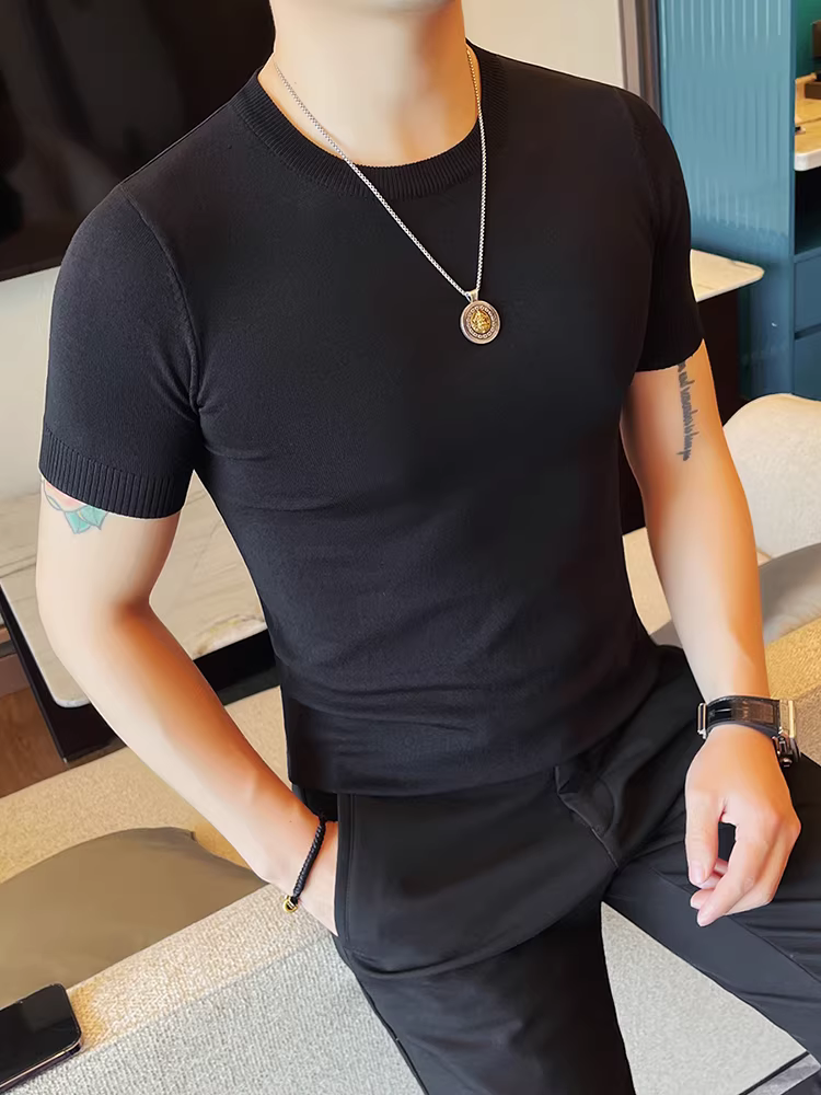 Áo thun nam ngắn tay bằng vải lụa băng dệt kim, mát mẻ và thoáng khí trong mùa hè, áo cổ tròn thời trang và đa năng.