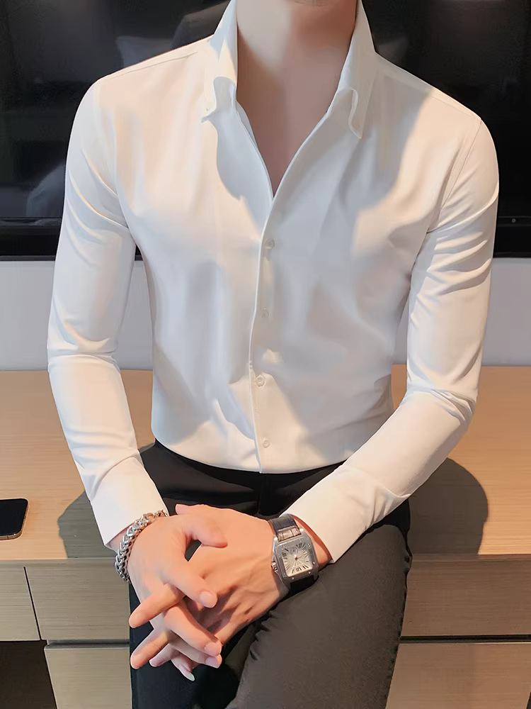 Áo sơ mi nam cổ chữ V kiểu Pháp, tay dài, cao cấp, ôm dáng, trang phục công sở lịch sự, áo sơ mi cổ rộng dự tiệc cưới, phong cách quý ông Anh.