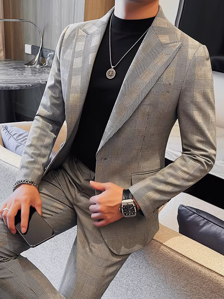 Bộ vest kẻ cao cấp dành cho nam, kiểu dáng xuân thu mới, lịch lãm và sành điệu, phong cách công sở lịch sự, đa năng, bộ vest ôm dáng hai mảnh