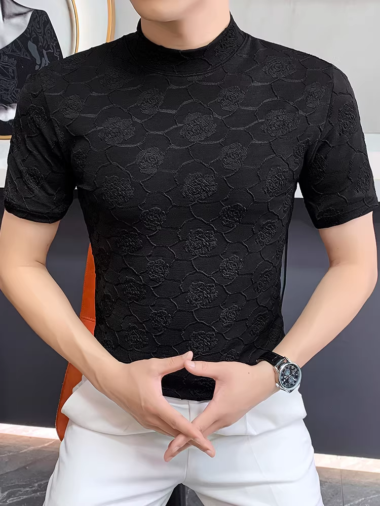 Áo thun nam cao cấp dệt kim cổ tròn tay ngắn, thời trang thu đông 2025, kiểu dáng ôm body, hợp xu hướng, mặc lót bên trong