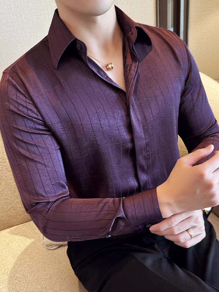 Áo sơ mi sọc xếp ly dành cho nam, dài tay, phong cách công sở giản dị, đa năng, thiết kế độc đáo, thời trang cao cấp, áo sơ mi có khuy ẩn