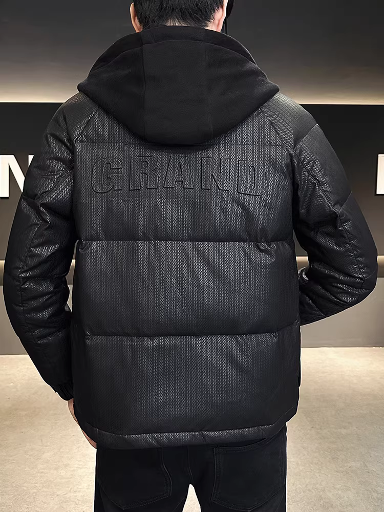 Áo khoác da PU có mũ trùm đầu giả hai mảnh dành cho nam, áo khoác mùa đông, thương hiệu mới hợp thời trang, phong cách Hàn Quốc cao cấp, dáng đẹp và thời trang.