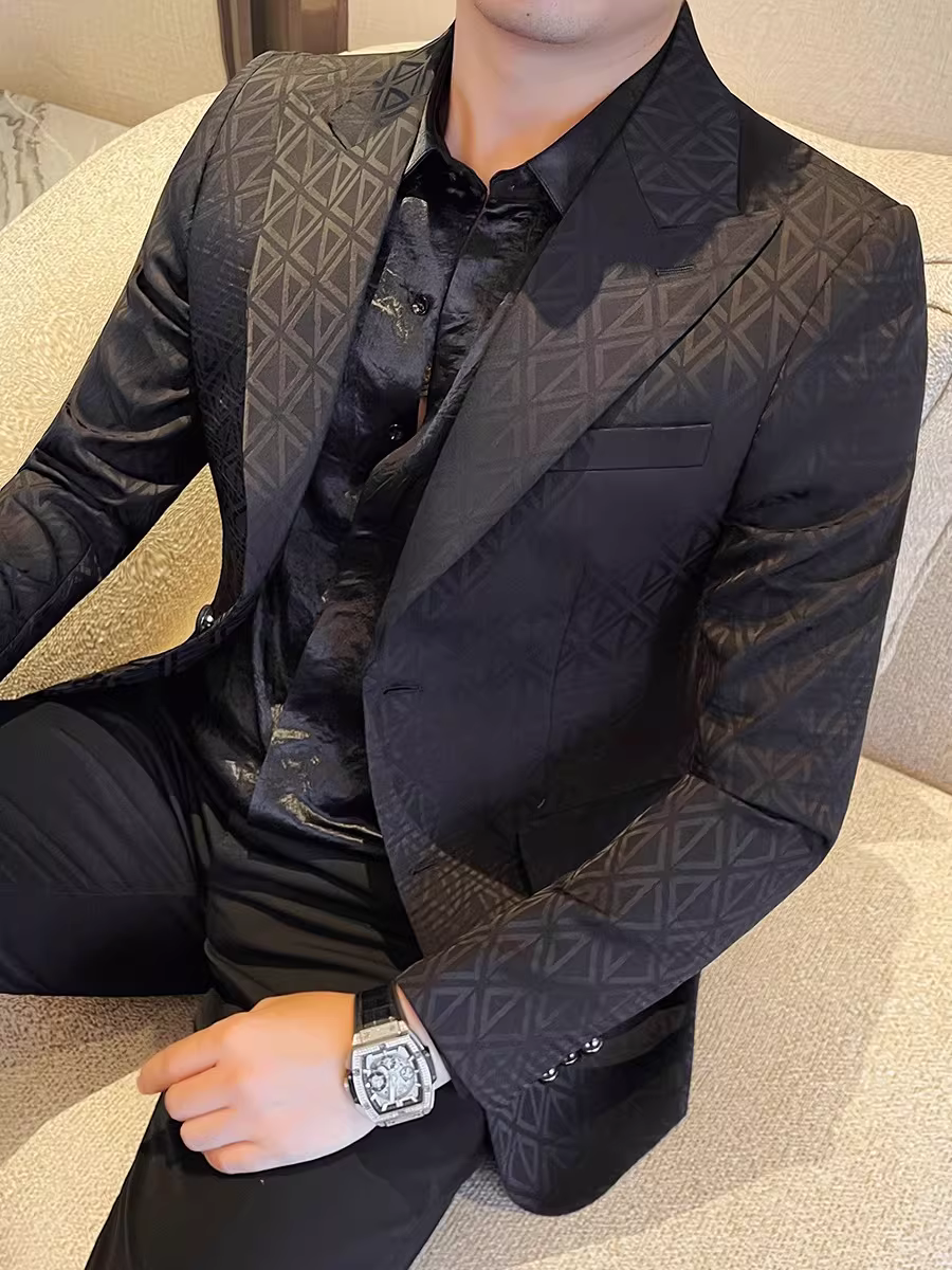 Áo blazer nam cao cấp in họa tiết, xu hướng thời trang thu đông 2025, dáng ôm, lịch lãm, kiểu vest công sở