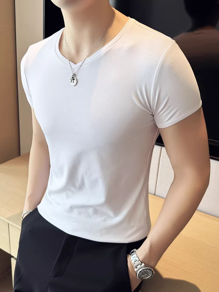 Áo thun nam mùa hè dáng ôm, co giãn, thoải mái, đa năng, cao cấp, kiểu dáng thời trang, tay ngắn, cổ chữ V, thiết kế hình trái tim gà.