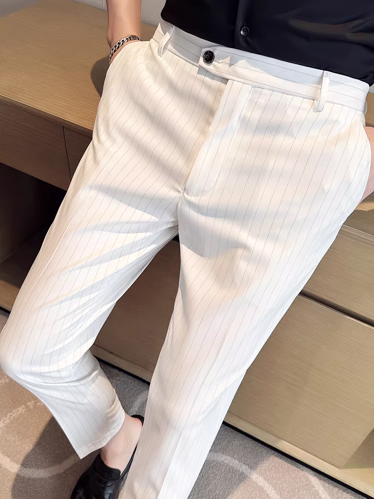 Quần âu nam chín phần, quần kaki kẻ sọc mỏng mùa hè, quần âu kiểu Hàn Quốc thời trang ôm dáng cao cấp lịch lãm