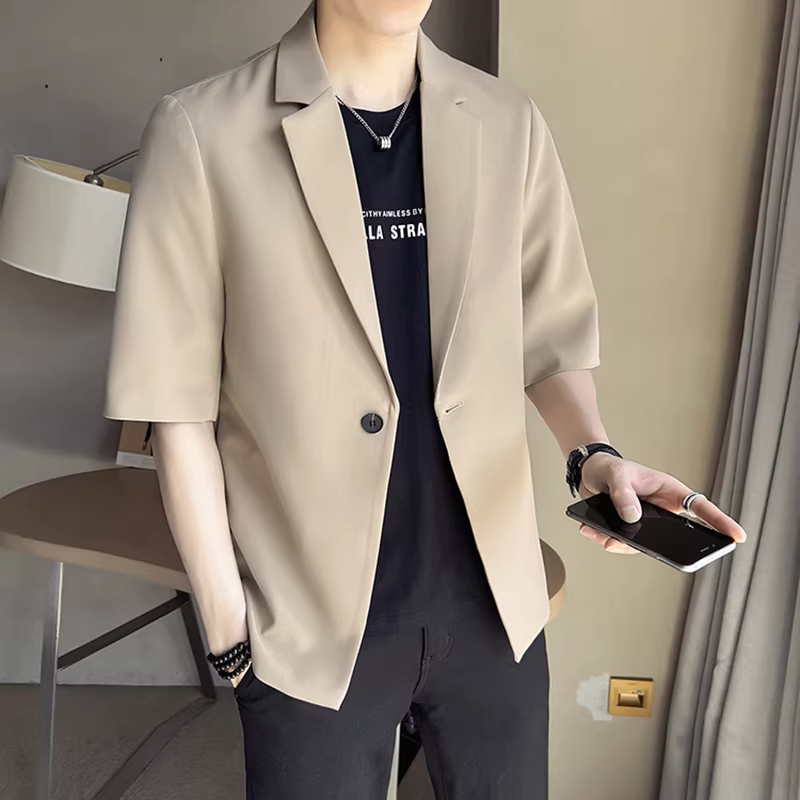 Bộ đồ lụa mỏng mùa hè dành cho nam, tay áo ba phần tư, áo khoác ngắn tay nam dáng rộng hợp thời trang, đa năng và phong cách.