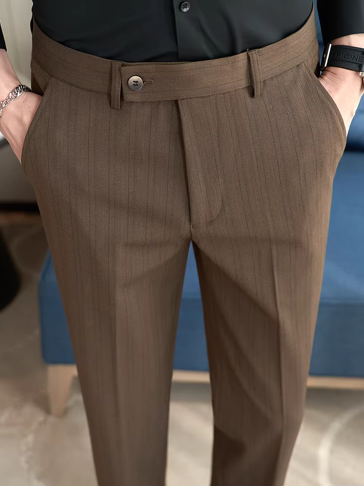 Quần tây nam sọc vân, kiểu xuân thu mới, phong cách công sở lịch lãm cao cấp Hàn Quốc, dáng ôm thời trang, kiểu dáng thon gọn.