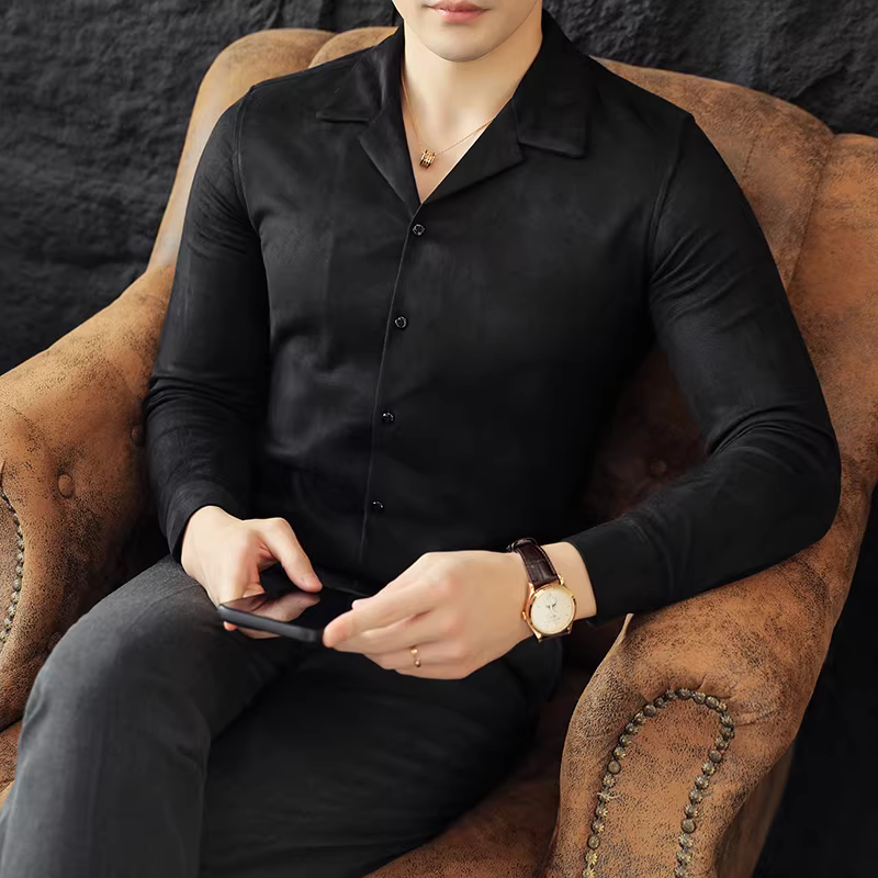 Áo sơ mi da lộn cổ điển dành cho nam, tay dài, kiểu dáng mới thu đông, thời trang, ôm dáng, áo sơ mi công sở cao cấp