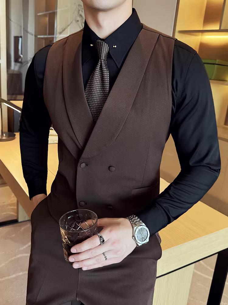 Áo vest nam cao cấp chất liệu len, dáng vest hai hàng khuy, xu hướng thời trang xuân thu, ôm dáng, phong cách công sở lịch lãm, áo vest phù rể