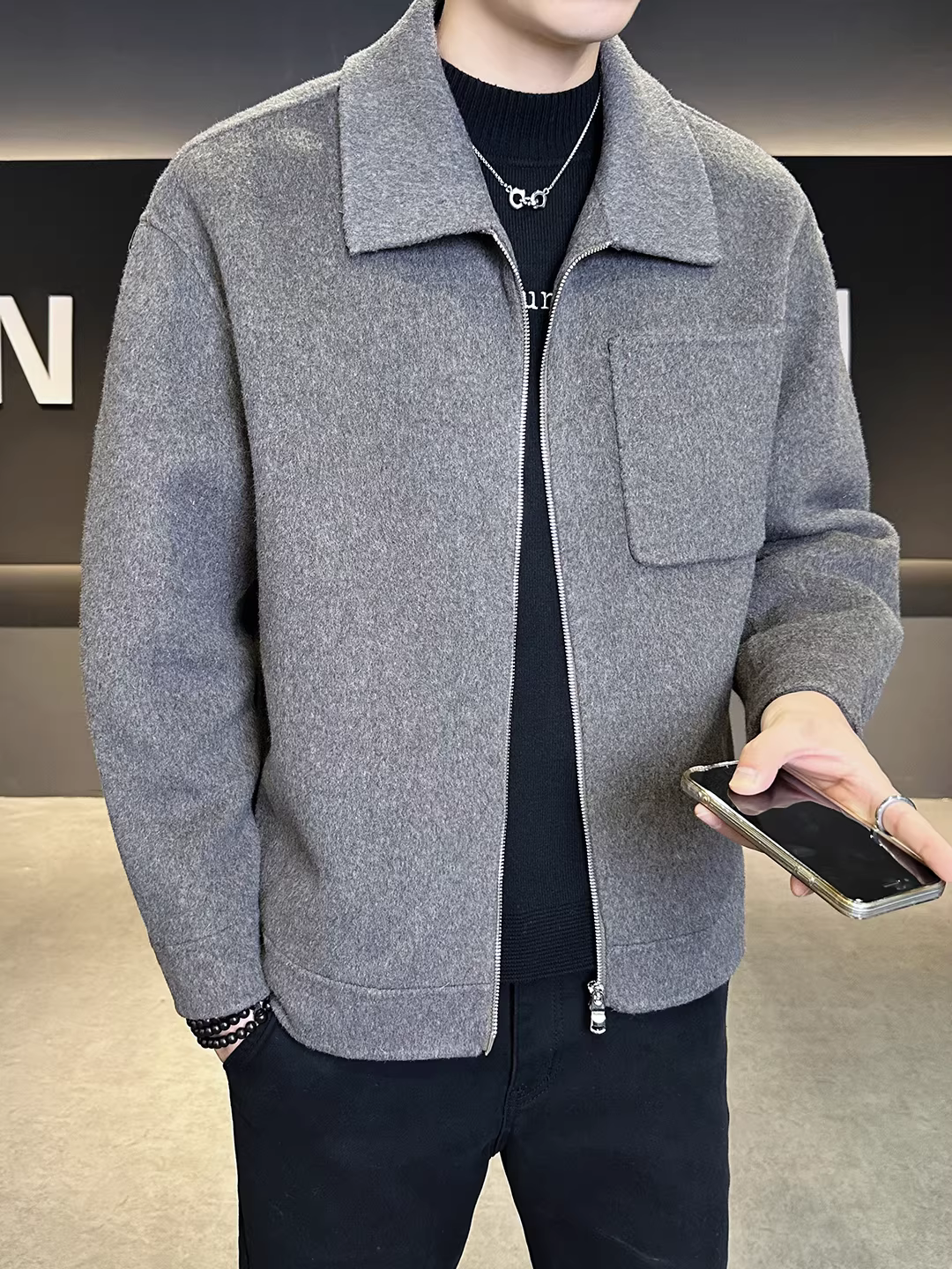 Áo khoác dạ nam kiểu Anh mùa đông 2025, chất liệu len hai lớp, kiểu ngắn