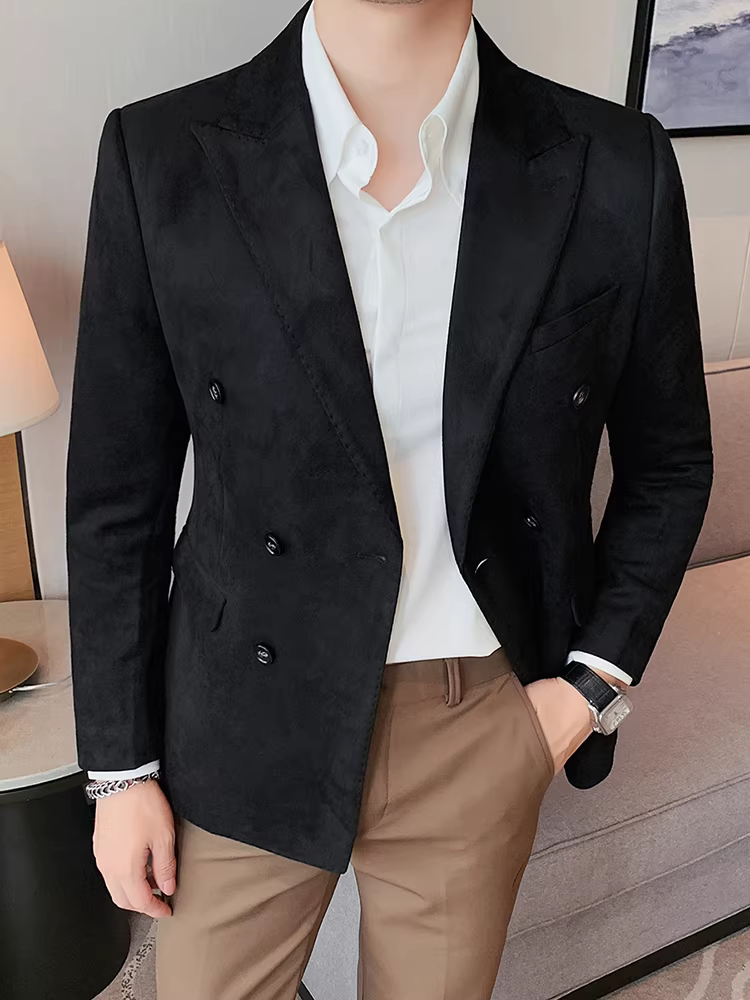 Áo blazer da lộn nam, thu đông 2025 kiểu Hàn Quốc mới, dáng ôm, phong cách thường ngày, công sở, dễ chăm sóc, kiểu dáng hai hàng khuy