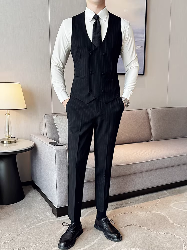Bộ vest sọc hai hàng khuy dành cho nam, phong cách công sở giản dị, thời trang cao cấp, dáng ôm, vest phù rể đám cưới.