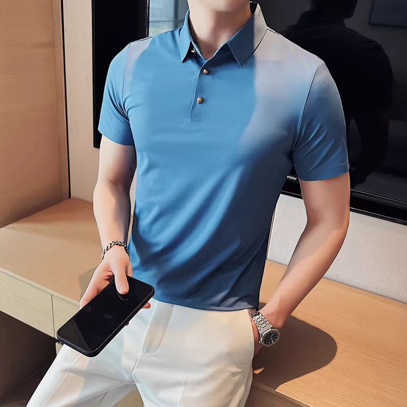 Áo polo lụa băng dành cho nam, tay ngắn, kiểu dáng mỏng mùa hè, độ đàn hồi cao, áo thun liền mạch, cổ bẻ, kiểu dáng ôm vừa vặn cao cấp, hợp thời trang, lịch sự công sở.