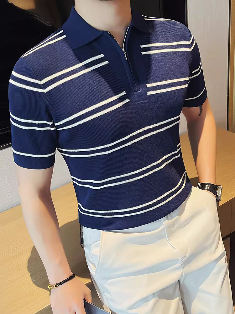 Áo polo nam dệt kim lụa đá, nửa khóa kéo, sọc, tay ngắn, kiểu dáng mùa hè mỏng nhẹ, áo thun cao cấp phong cách kinh doanh lịch sự, cổ trụ.