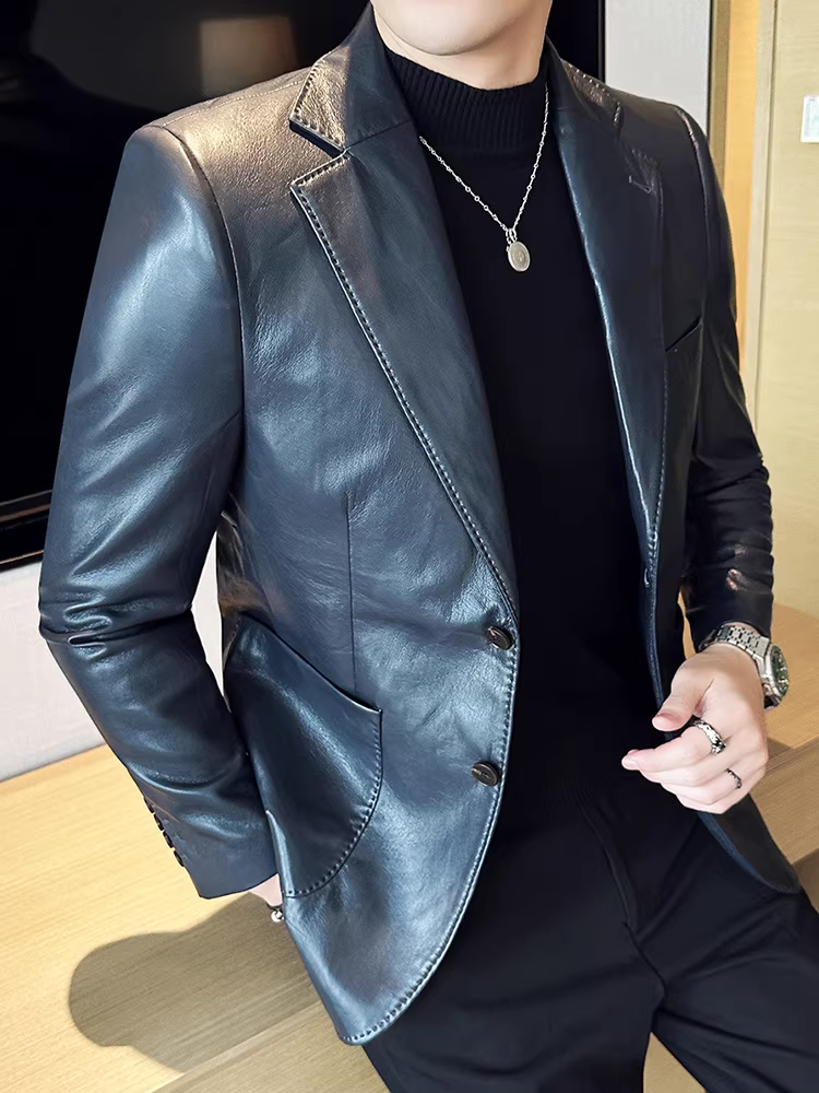 Áo khoác da công sở cao cấp dành cho nam, thời trang thu đông 2025, kiểu dáng ôm body, phong cách lịch lãm kiểu Anh.