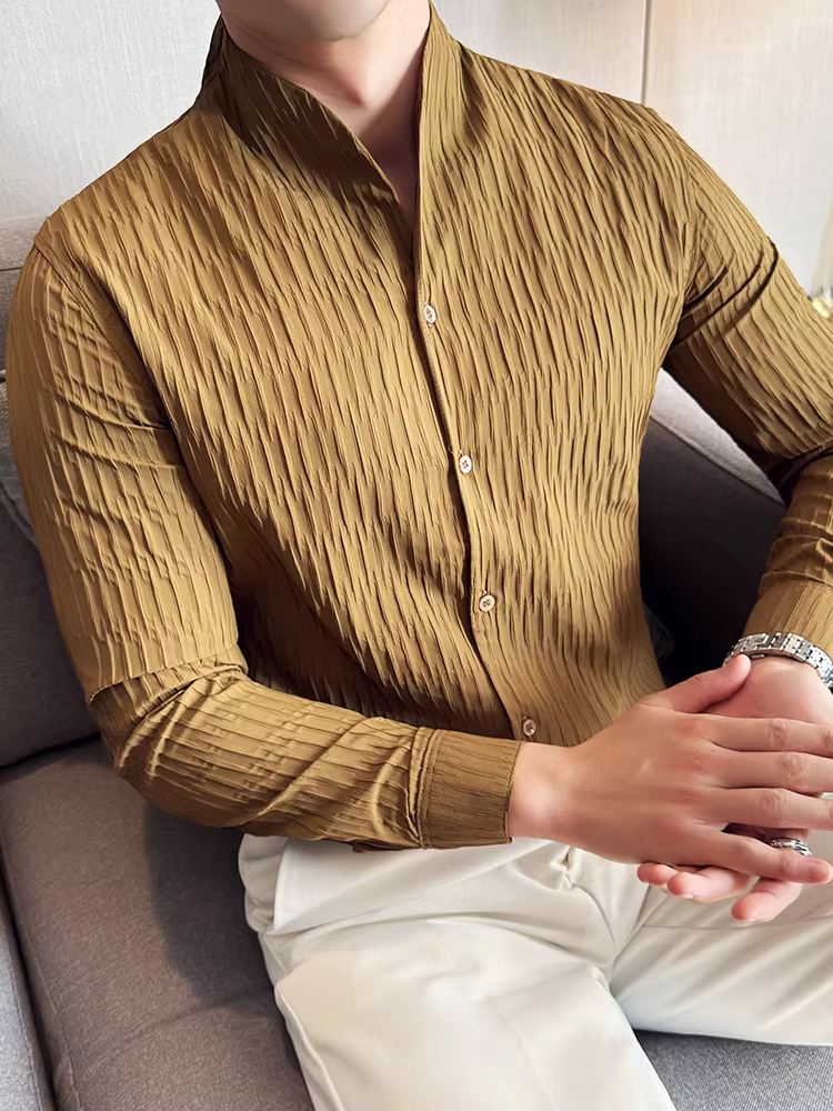Áo sơ mi cổ điển kiểu Trung Hoa dành cho nam, tay dài, xuân thu 2025, thời trang lịch lãm, hợp xu hướng, dáng ôm, phong cách công sở lịch sự.