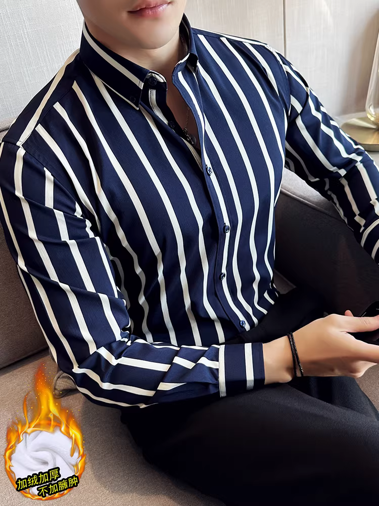 Áo sơ mi nam cao cấp kẻ sọc, lót lông cừu dày dặn, mùa thu đông, tay dài, ôm dáng, phong cách công sở lịch sự, không cần là ủi.