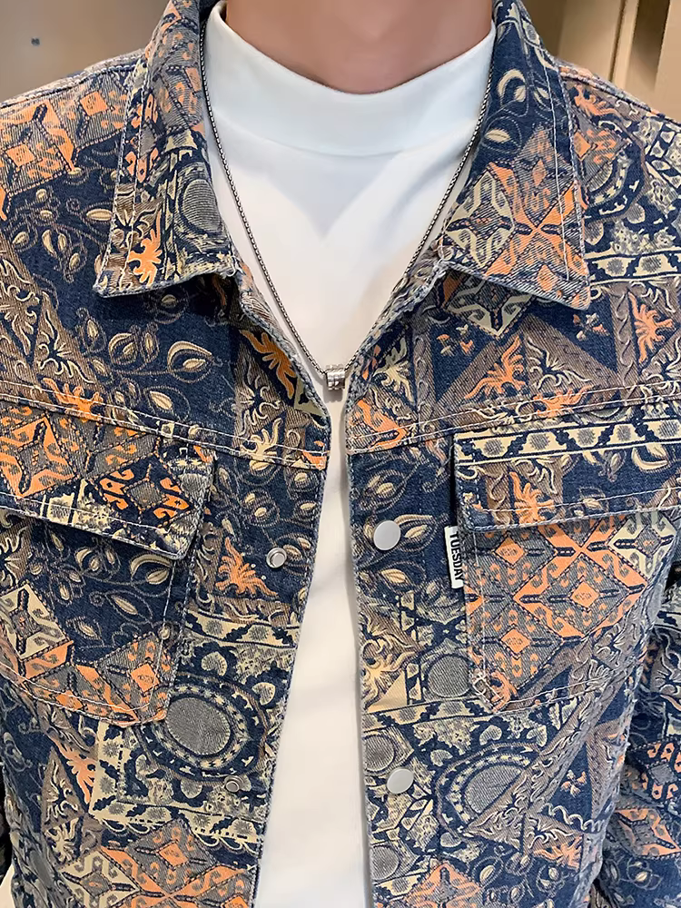 Áo khoác denim nam xuân 2025 thời trang mới, dáng ngắn, ôm body, in họa tiết cá tính, áo khoác cá tính