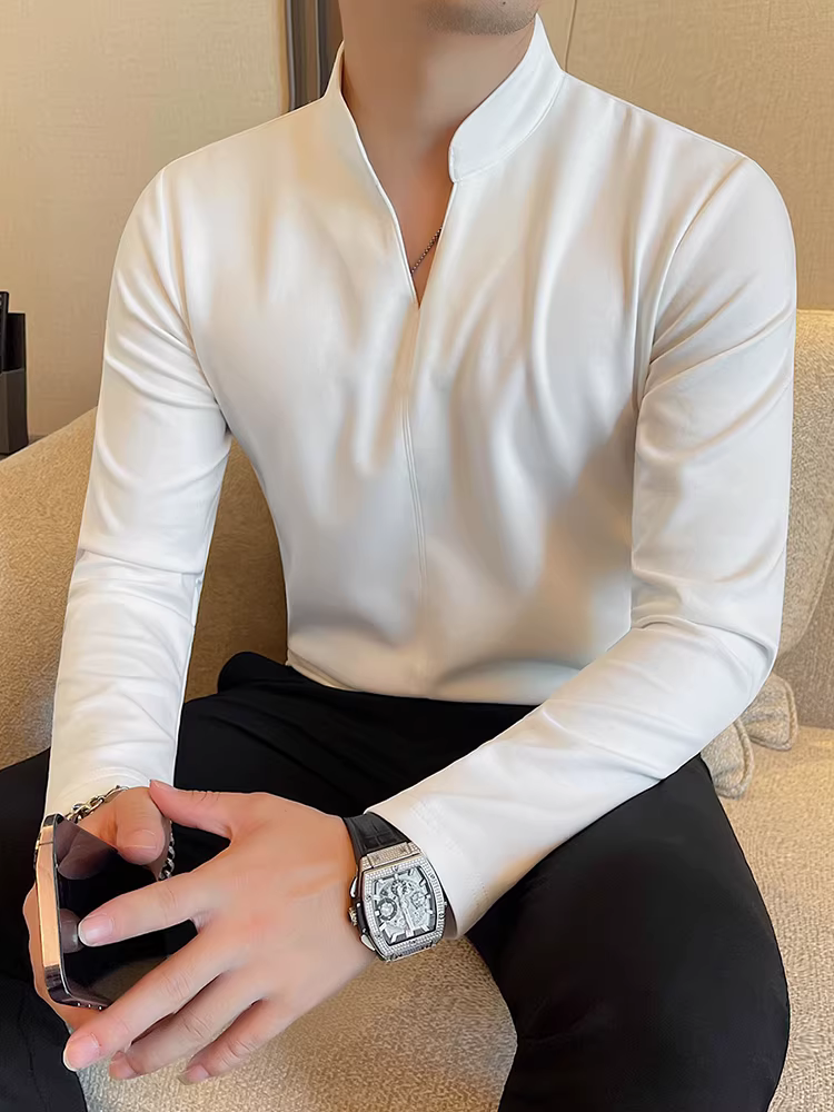 Áo thun cổ đứng hợp thời trang dành cho nam, dài tay, kiểu dáng mới thu đông, màu trơn, đa năng, ôm dáng, kiểu dáng mới của Trung Quốc, áo sơ mi cổ chữ V.