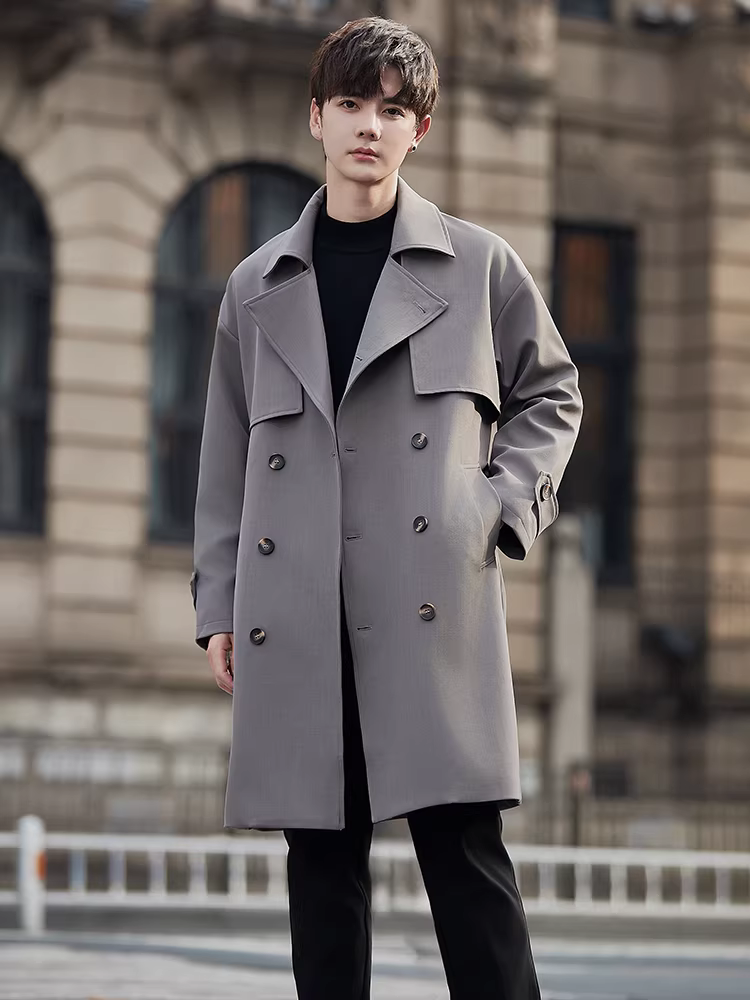 Áo khoác dài trung bình cao cấp dành cho nam, thời trang xuân thu hợp thời trang, dáng rộng, đa năng, màu trơn, áo khoác hai hàng khuy