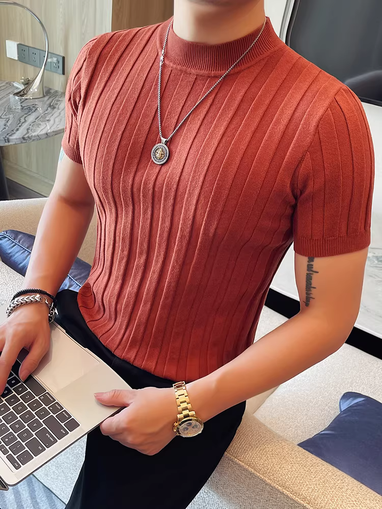 Áo len nam cổ lọ nửa cao tay ngắn mùa thu 2025 kiểu mới thời trang cao cấp dáng ôm cổ trung bình chất liệu dệt kim
