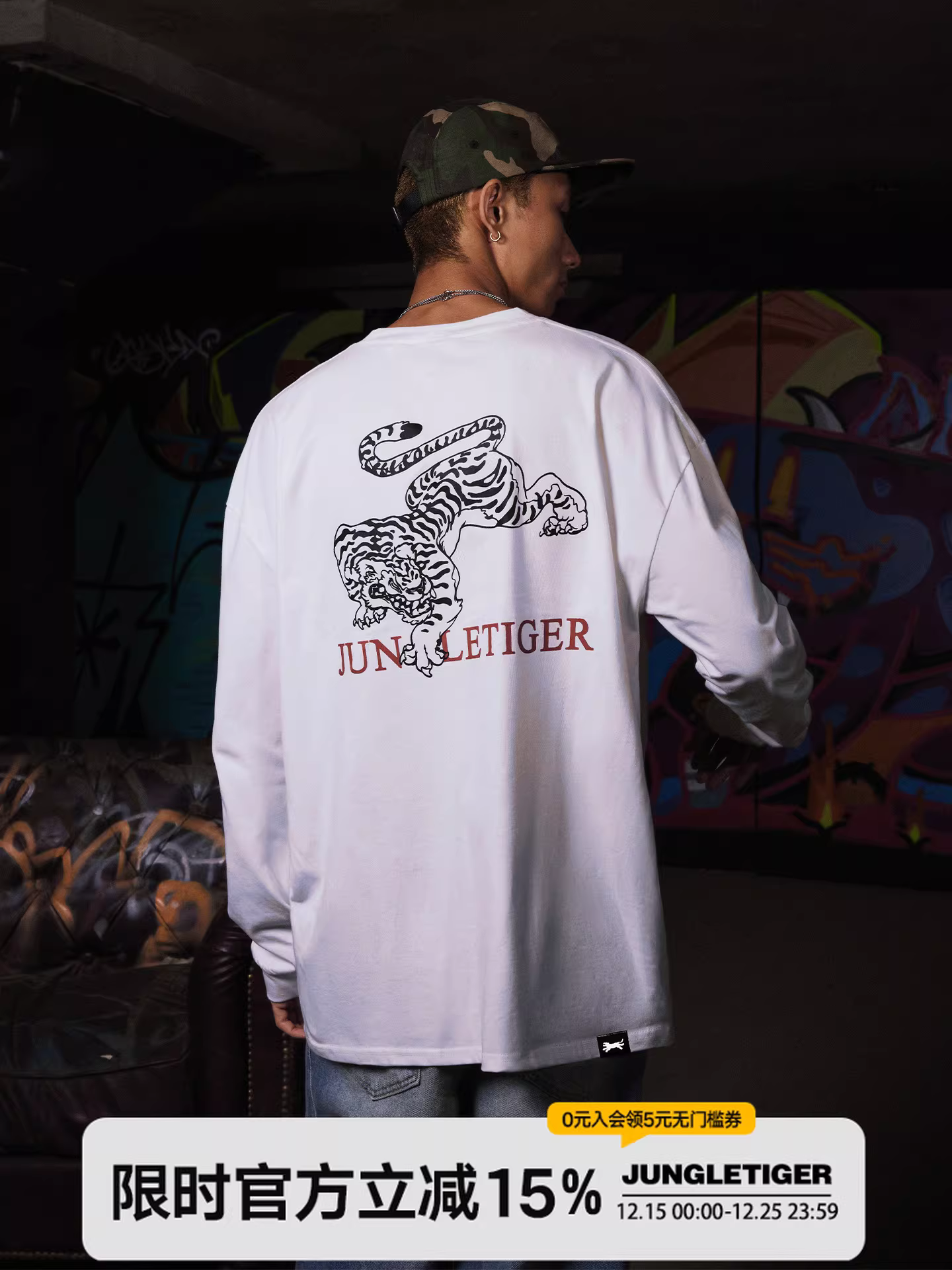 Áo thun dài tay Jungle Tiger phong cách Trung Quốc mới dành cho nam, xu hướng quốc gia mùa xuân và mùa thu Áo cổ tròn dáng rộng bằng cotton nguyên chất hạng nặng