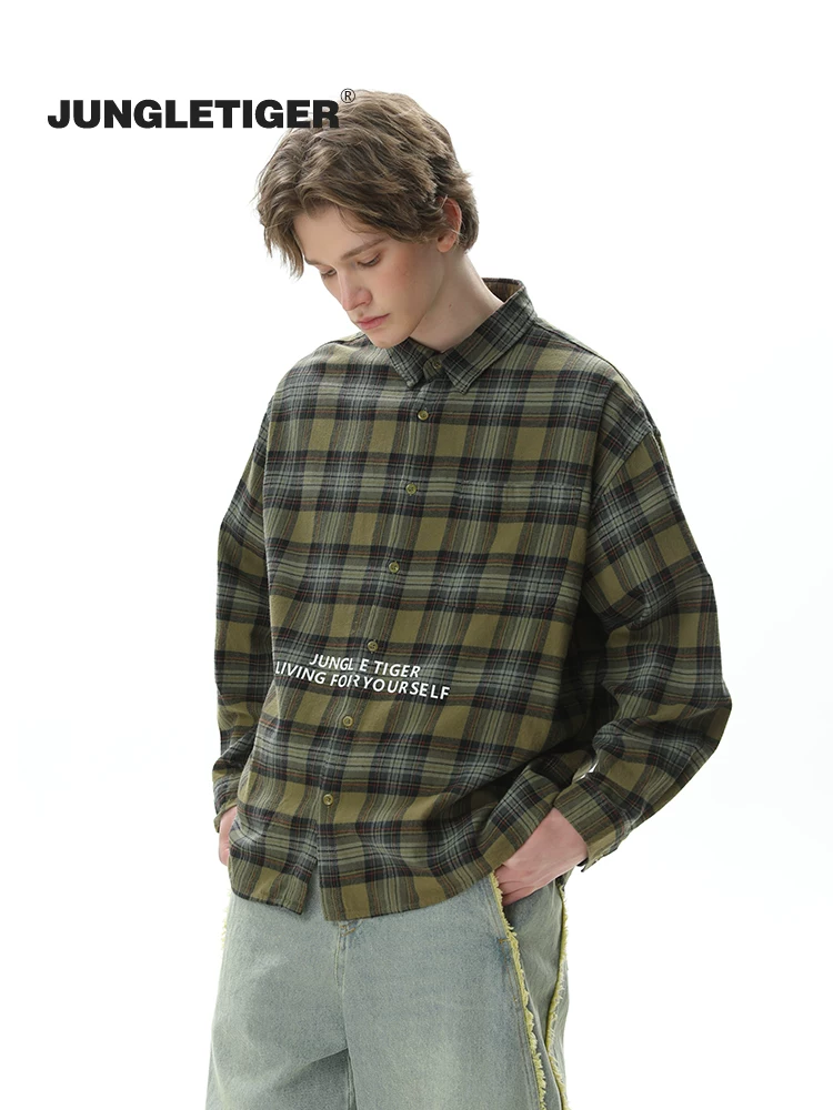 Jungle Tiger American retro dày bảng chữ in áo sơ mi kẻ sọc unisex dáng rộng đa năng áo sơ mi dài tay áo khoác