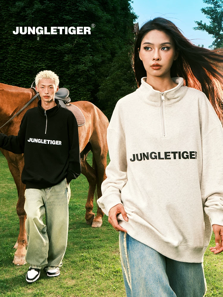 Áo nỉ nửa khóa kéo có logo cơ bản của Jungle Tiger dành cho nam và nữ, phong cách đường phố cao cấp của Mỹ mùa thu đông, áo khoác cổ đứng dày dành cho các cặp đôi.